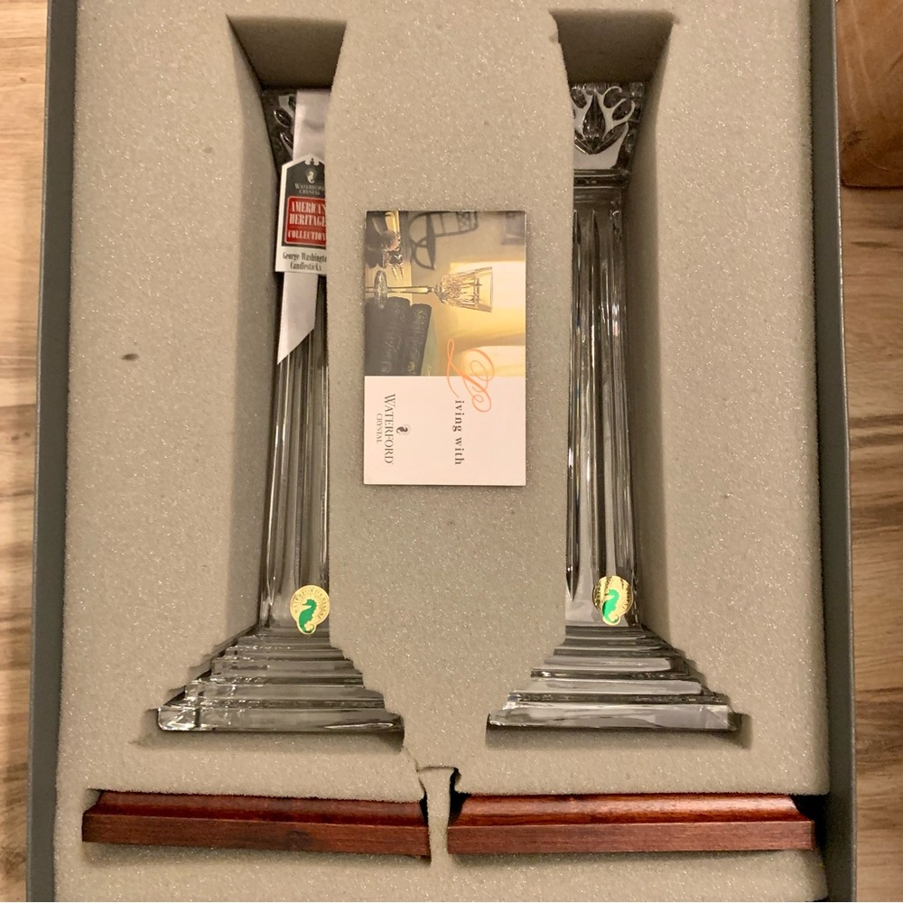 Waterford Crystal George Washington Candlestick Holders 11.75” Wood Base HTF NIB - Picture 12 of 15